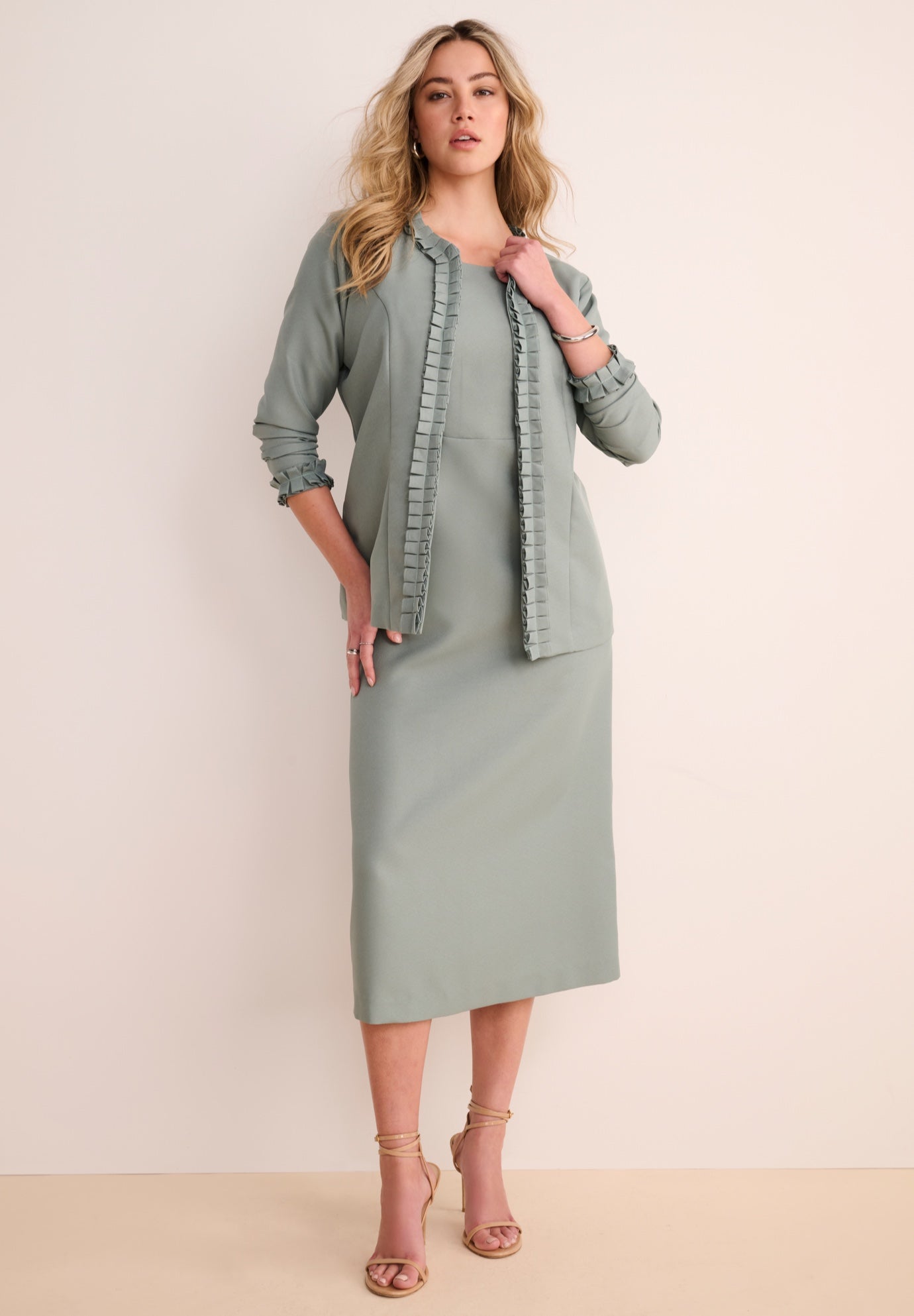Plus Size Long Sleeve Pleated Jacket Dress Set &ndash; Elegant 2-Piece Sheath Suit image number 2