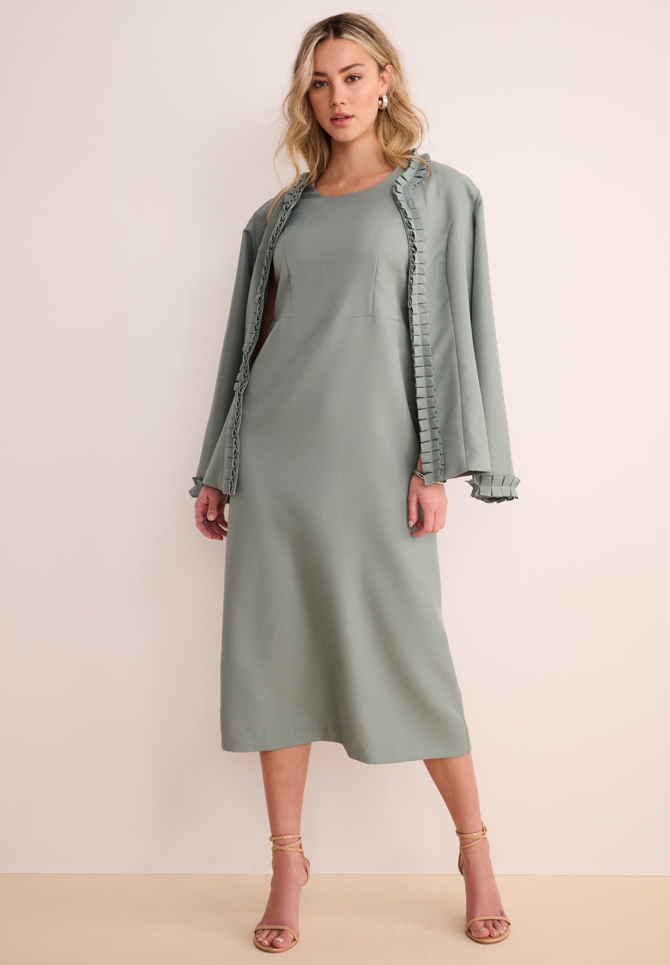 Plus Size Long Sleeve Pleated Jacket Dress Set &ndash; Elegant 2-Piece Sheath Suit image number 3
