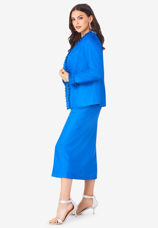 Plus Size Long Sleeve Pleated Jacket Dress Set &ndash; Elegant 2-Piece Sheath Suit image number 5