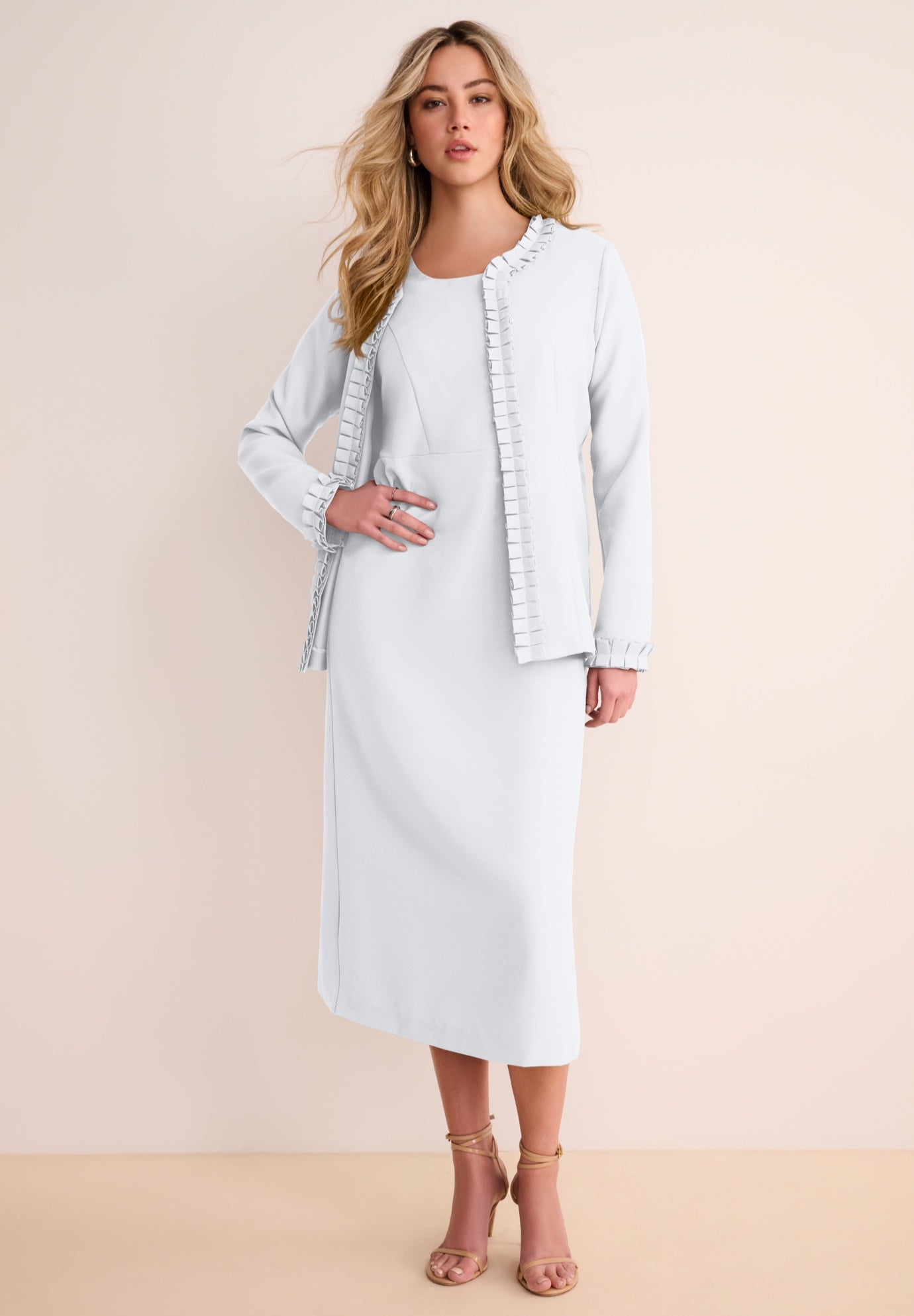 Plus Size Long Sleeve Pleated Jacket Dress Set &ndash; Elegant 2-Piece Sheath Suit image number 1