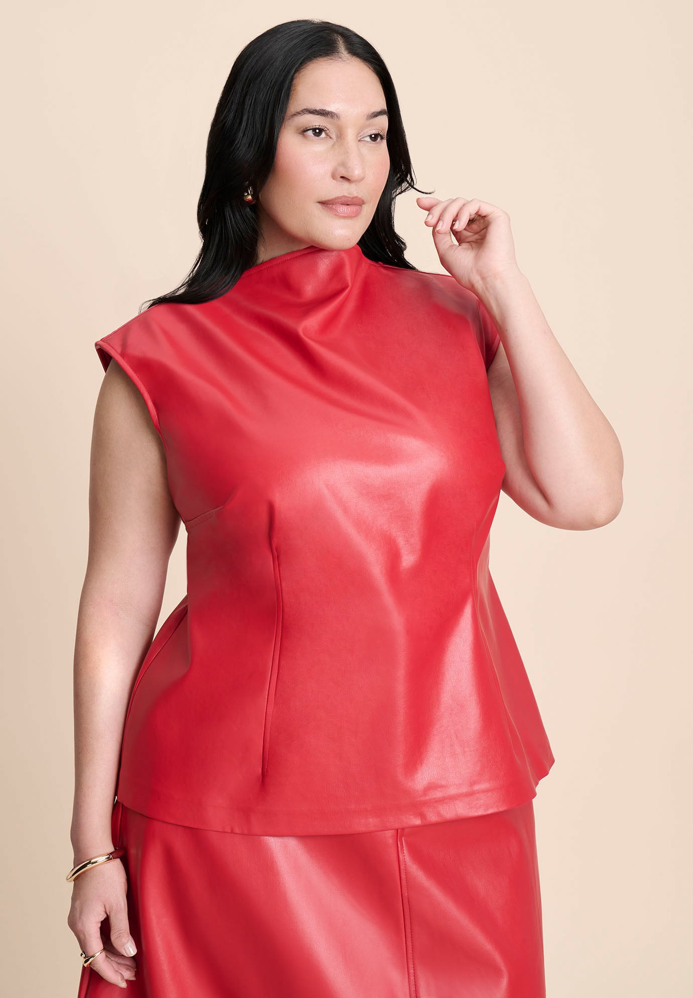Faux Leather Top With Dramatic Neck image number 1