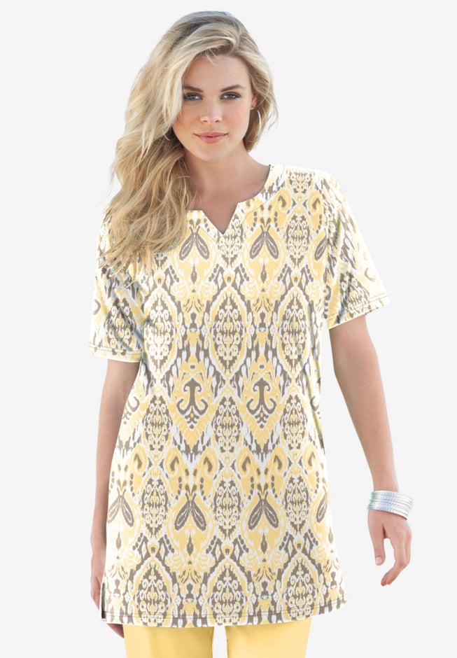 Plus Size Soft Knit Print Tunic with Notch Neckline image number 0