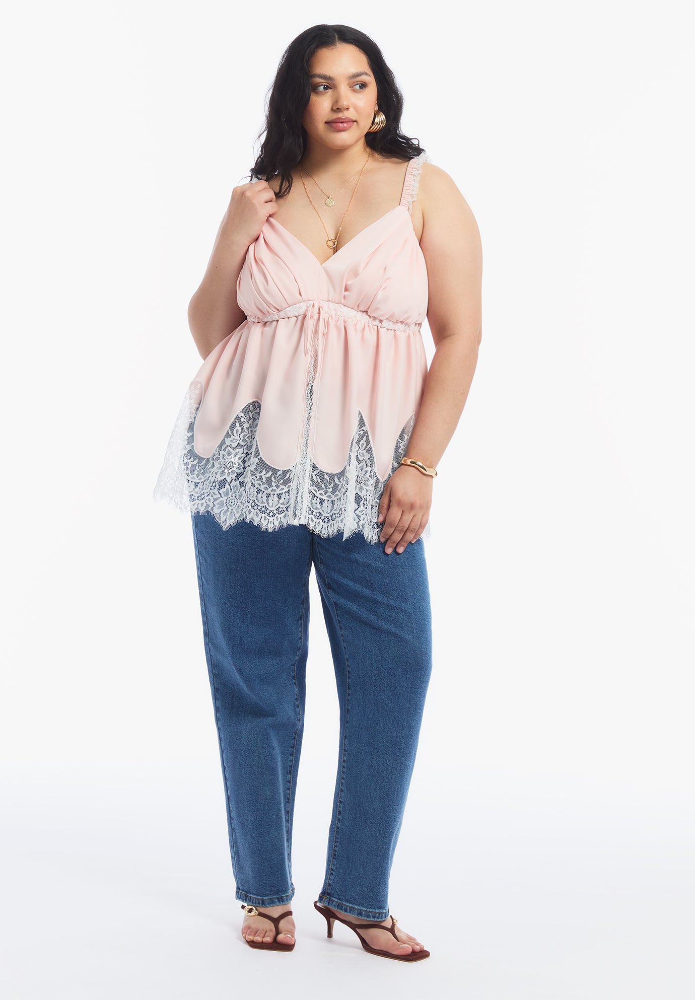 Lace-Trim Satin Camisole Top image number 3
