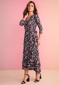 Plus Size Stretch Knit Faux Wrap Flounce Sleeve Midi Dress