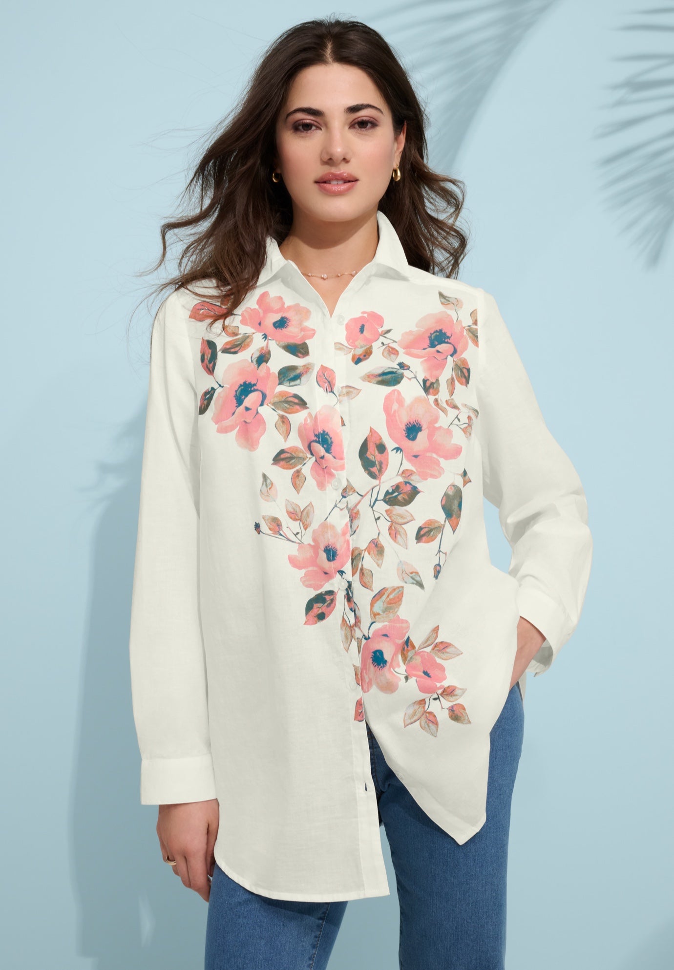 Plus Size Kate Cambric Cotton Printed Long Sleeve Shirt image number 0