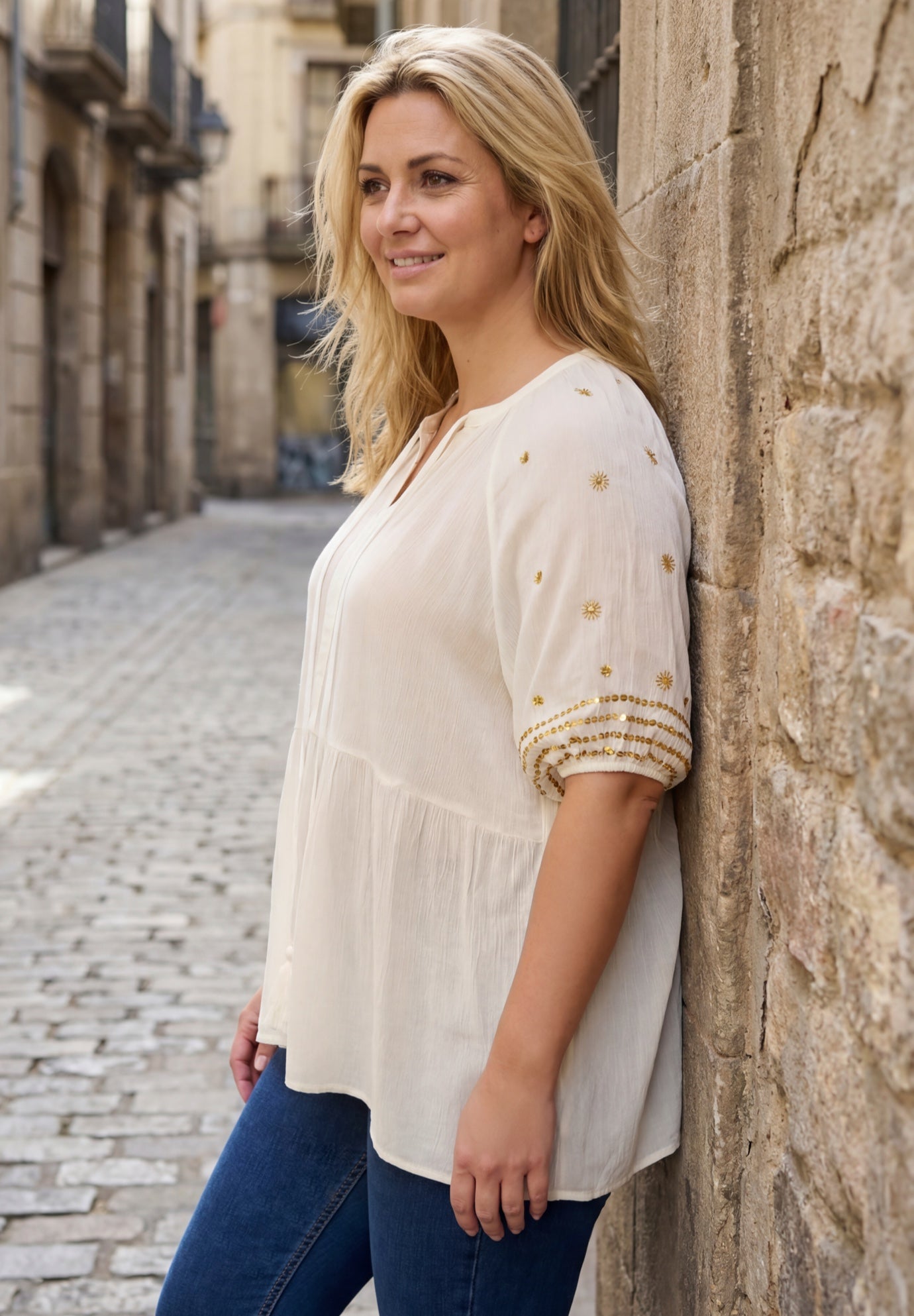 Plus Size Crinkle Rayon Tie-Neck Embroidered Blouse image number 2