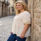 Plus Size Crinkle Rayon Tie-Neck Embroidered Blouse image number 2