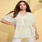 Plus Size Crinkle Rayon Tie-Neck Embroidered Blouse image number 0