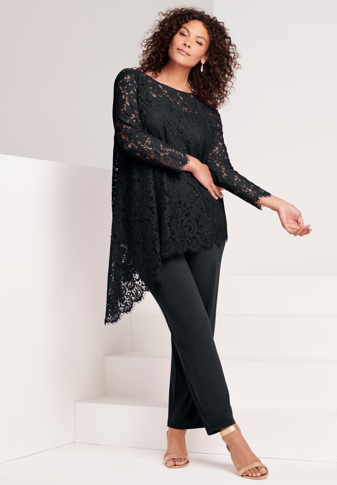 Extended Plus Asymmetrical Lace Pant Set &ndash;Long Sleeve Lace Scalloped Tunic & Elastic Waist Pants image number 0