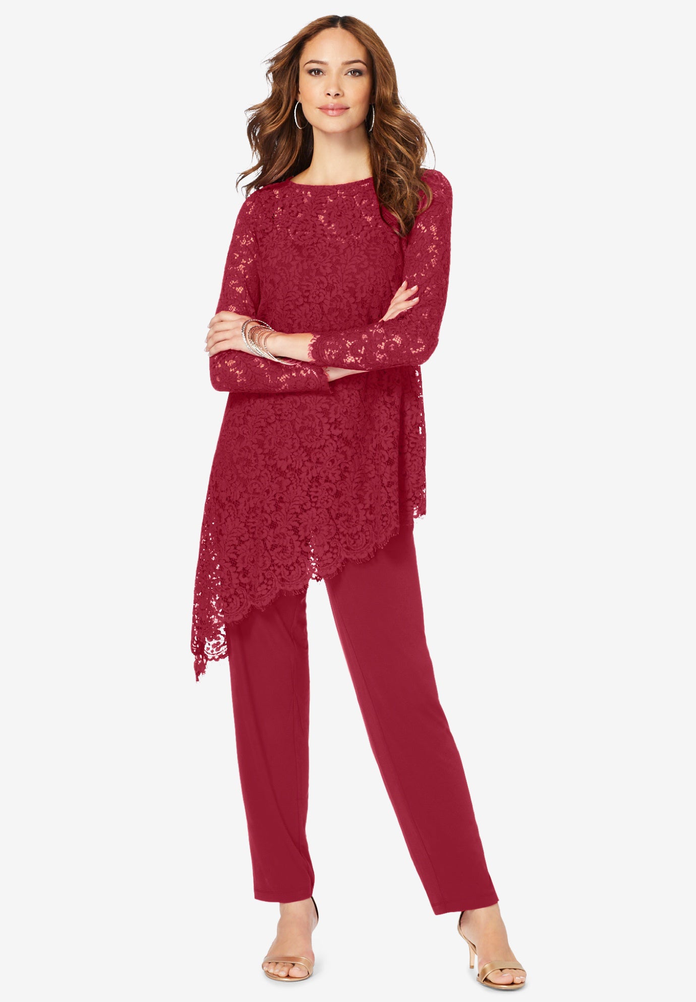 Extended Plus Asymmetrical Lace Pant Set &ndash;Long Sleeve Lace Scalloped Tunic & Elastic Waist Pants image number 0