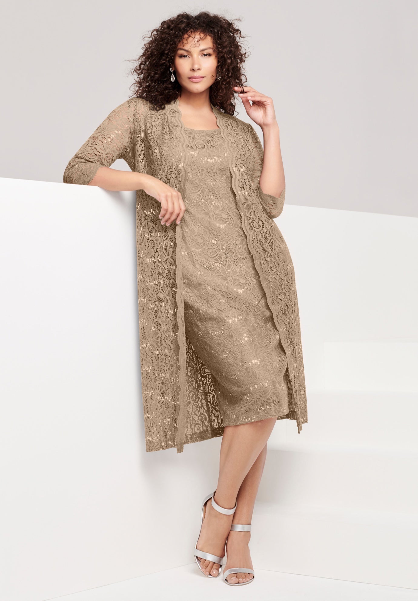Extended Plus 3/4 Sleeve Formal Duster Sequin &ndash; Embellished Lace Dress Set image number 0