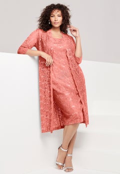Extended Plus Size 3/4 Sleeve Formal Duster Sequin &ndash; Embellished Lace Dress Set