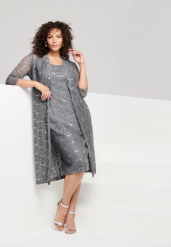 Extended Plus Size 3/4 Sleeve Formal Duster Sequin &ndash; Embellished Lace Dress Set