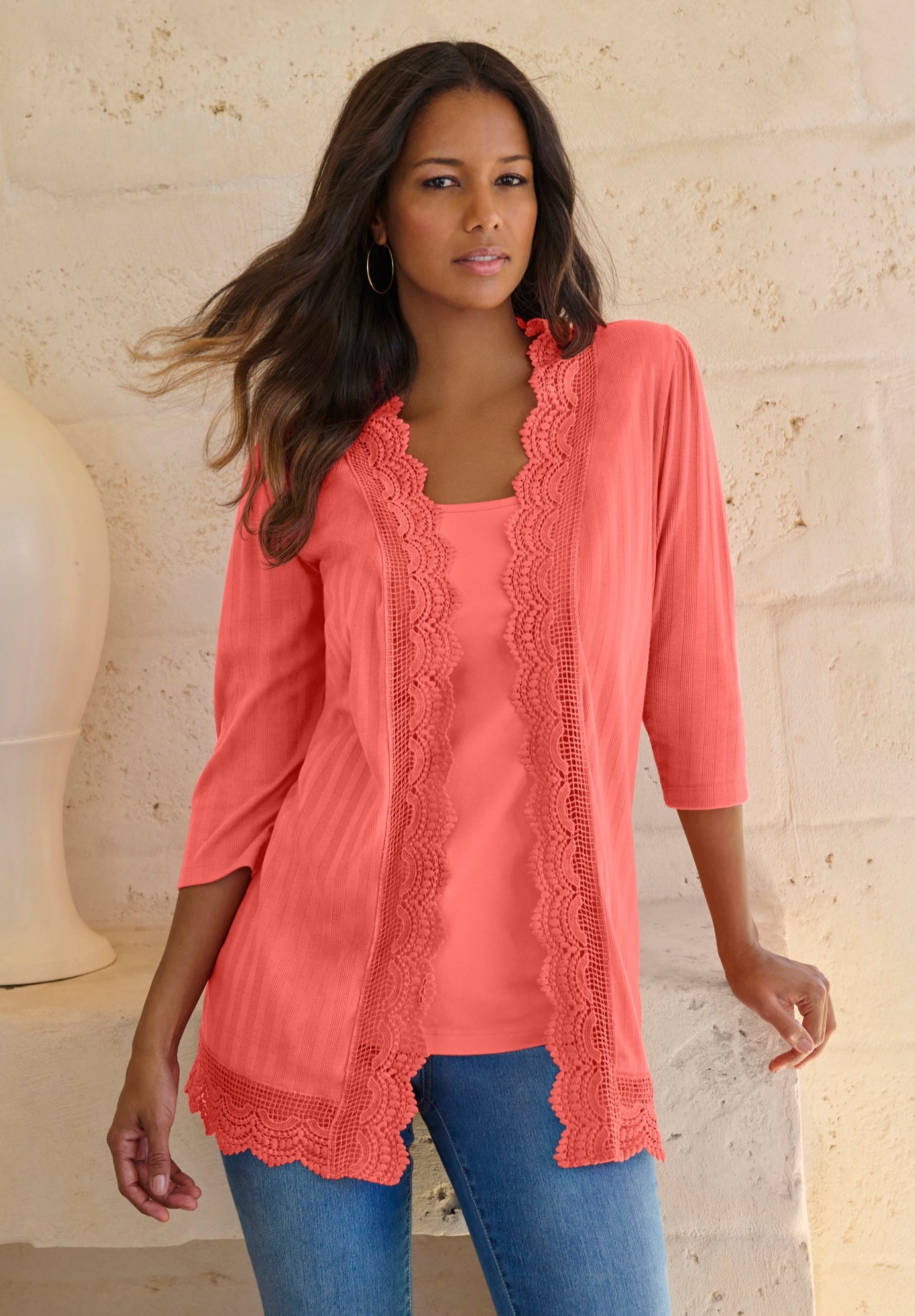 Crochet Trim Pointelle Cardigan image number 2