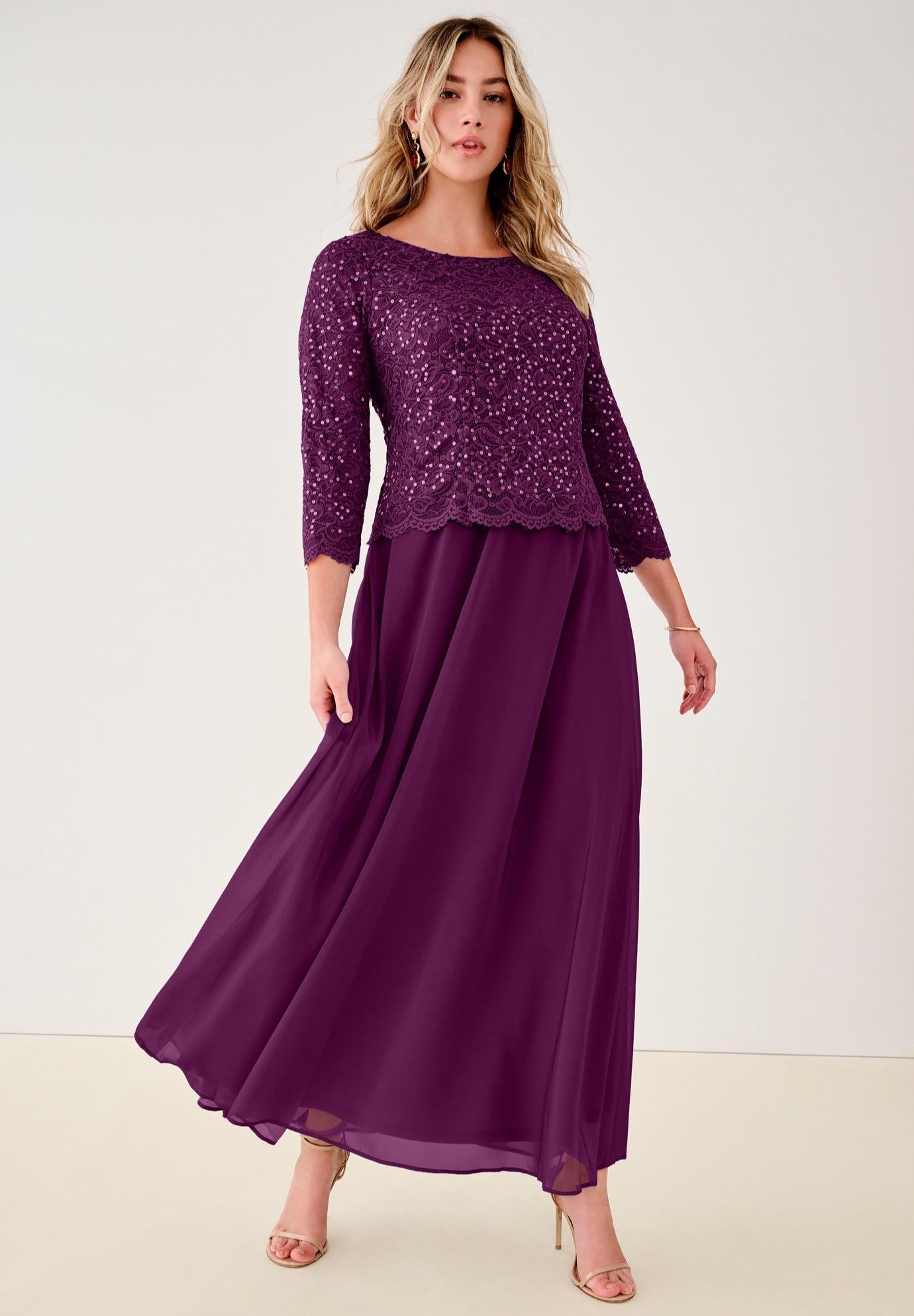 Extended Plus Sequin Lace Three Quarter Sleeve A-Line Gown image number 0