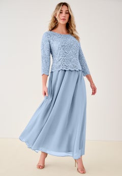 Extended Plus Size Sequin Lace Three Quarter Sleeve A-Line Gown