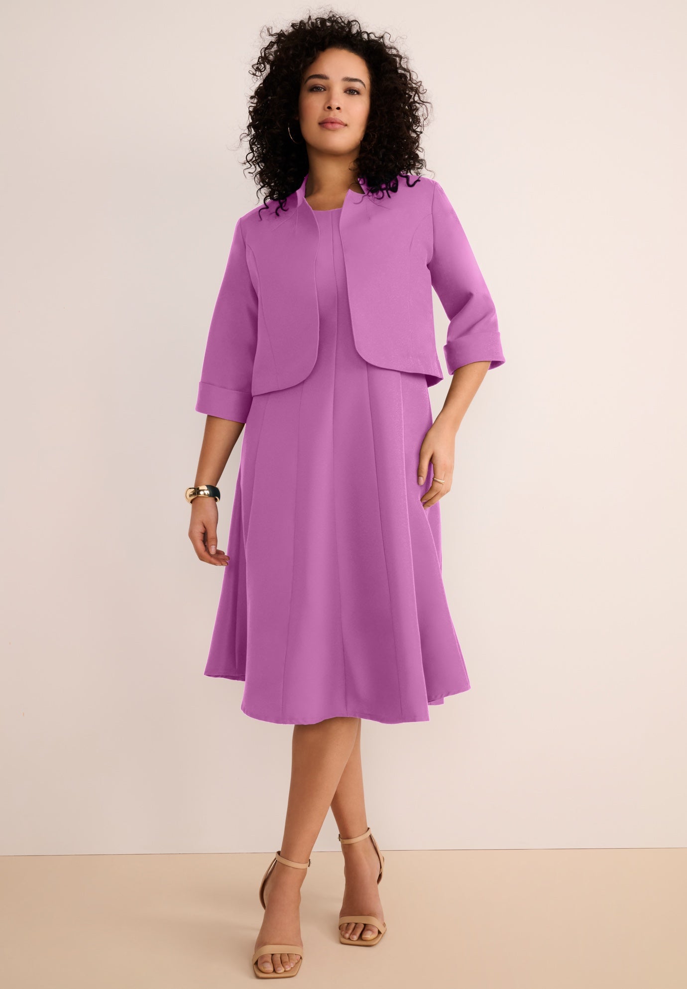 Extended Plus Size Elbow Sleeve Fit-and-Flare Dress with Bolero Jacket &ndash; 2-Piece Suit image number 0