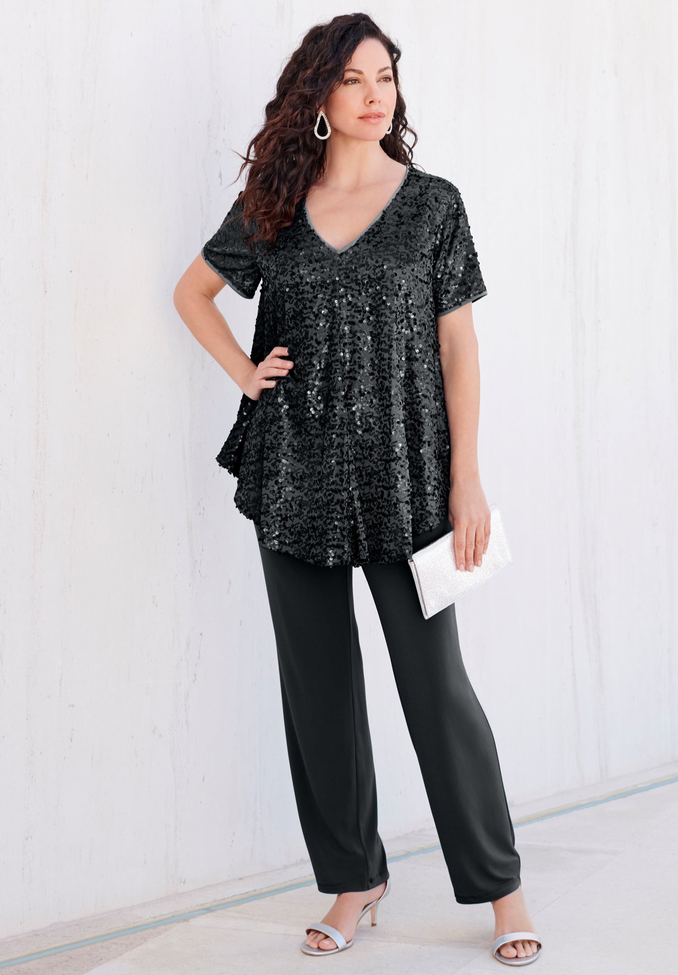 Extended Plus 2 Piece S/S Sequin Top and Pant Set image number 0