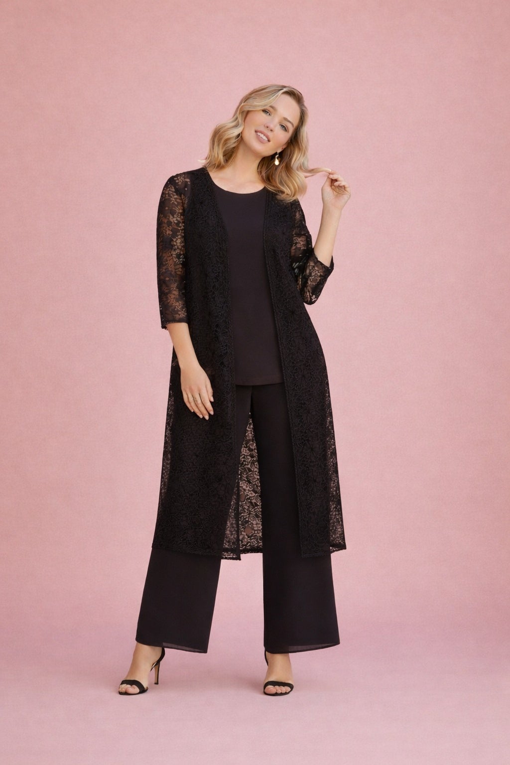 Extended Plus 3-Piece Allover Lace Duster Pant Set &ndash; Formal Wear image number 0
