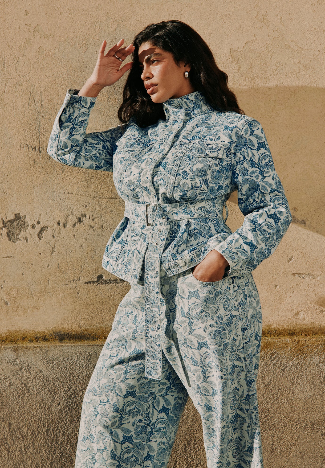 Lace Printed Denim Belted Jacket image number 0