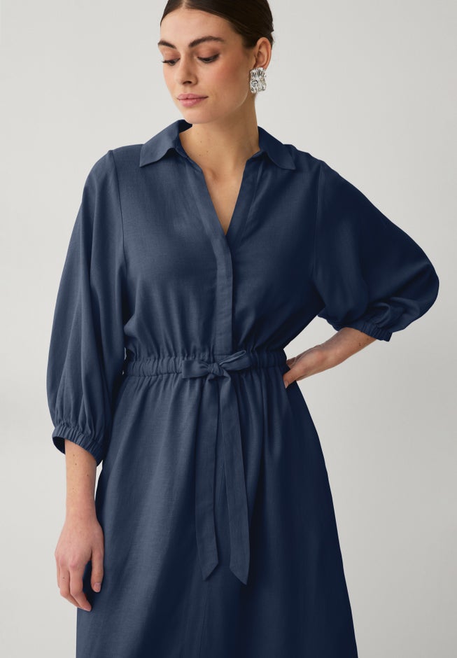 Linen-Blend Notch V-Neckline Drawstring Waist Midi Shirtdress image number 2