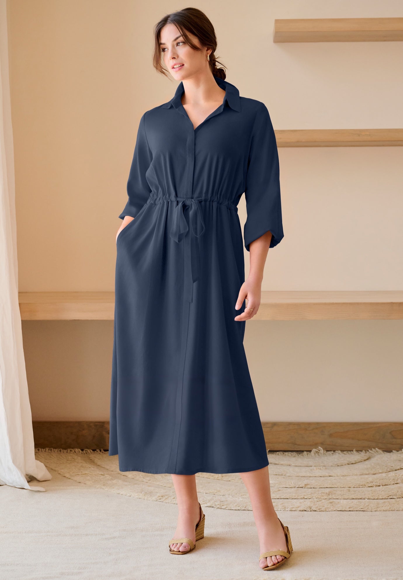 Linen-Blend Notch V-Neckline Drawstring Waist Midi Shirtdress image number 0