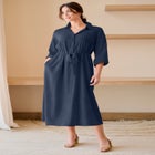 Linen-Blend Notch V-Neckline Drawstring Waist Midi Shirtdress image number 0