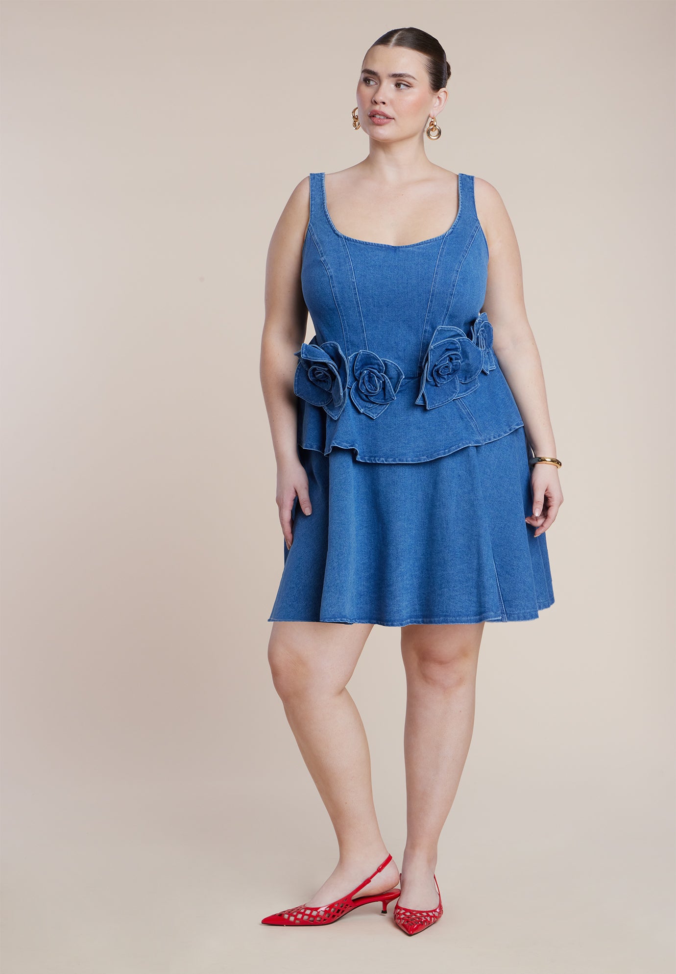 Denim Flower Applique Mini Dress image number 0
