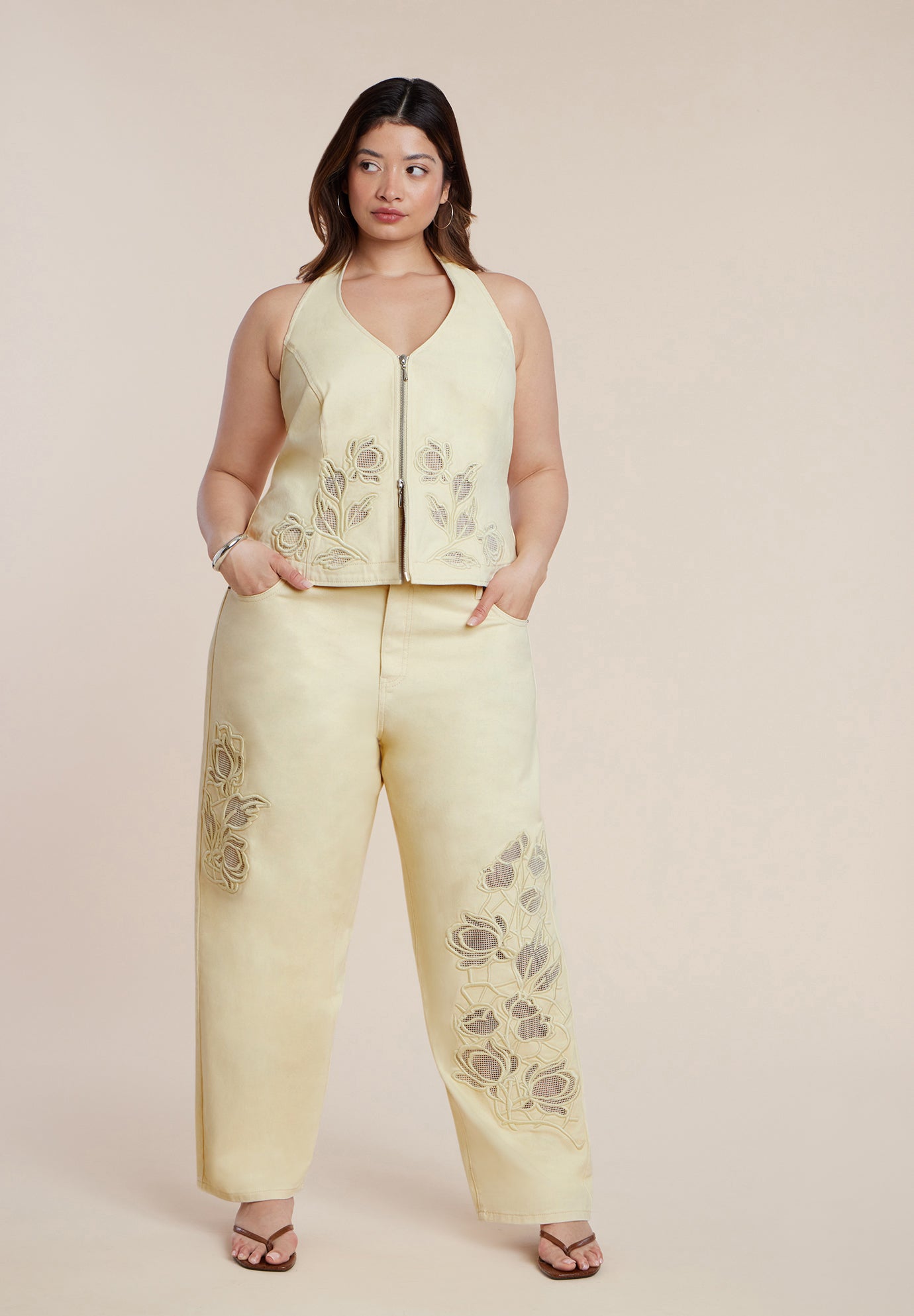 Floral Embroidery Denim Vest image number 2