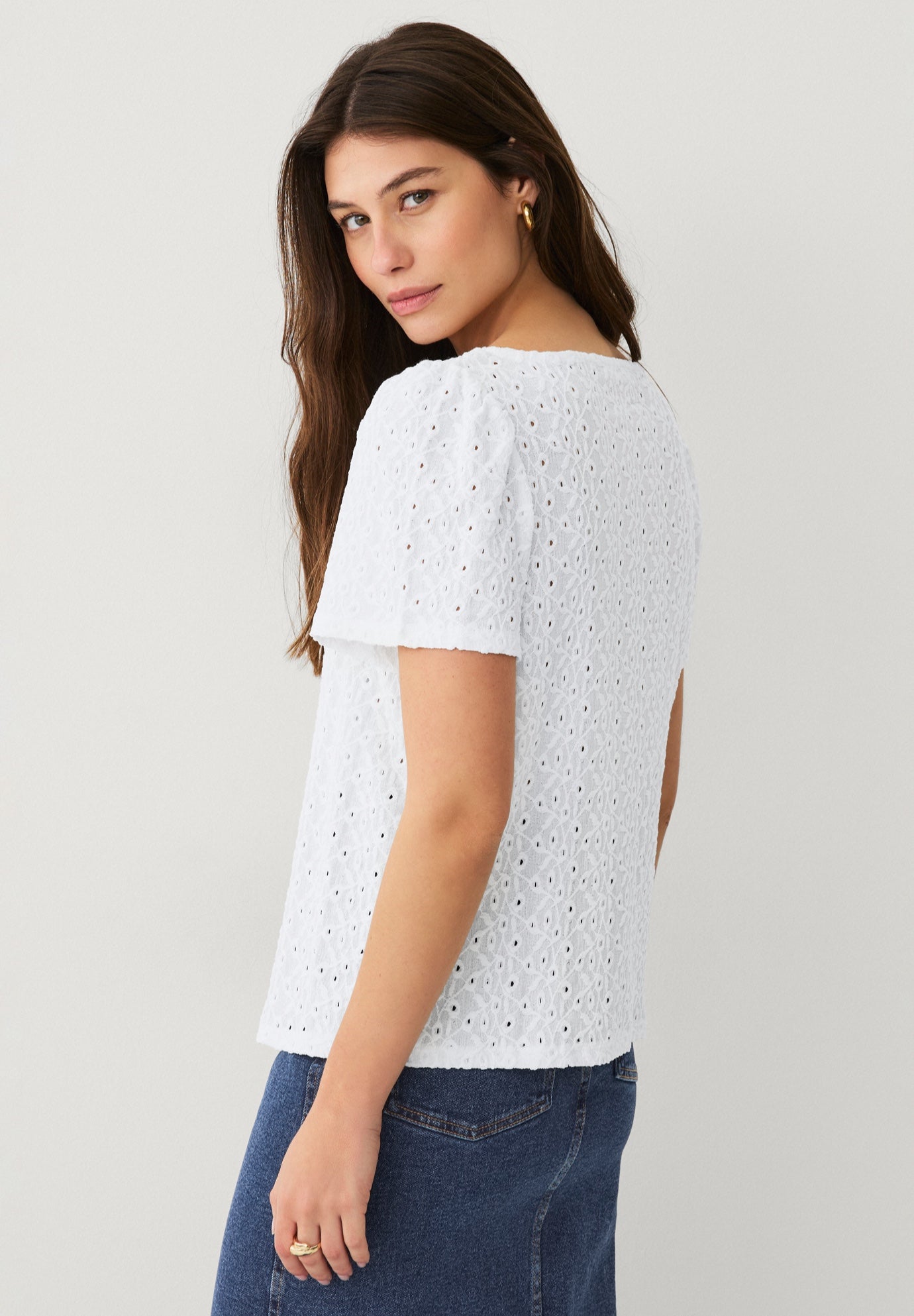 Stretch Knit Eyelet Flutter Sleeve Boat Neckline Relaxed Tee image number 1