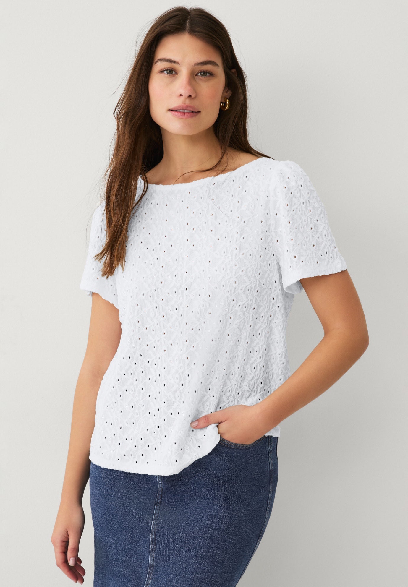 Stretch Knit Eyelet Flutter Sleeve Boat Neckline Relaxed Tee image number 0