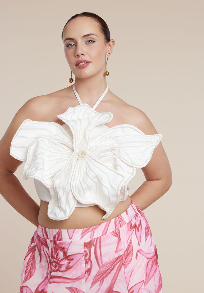 PatBO x ELOQUII Embellished Flower Appliqu&eacute; Top image number 1