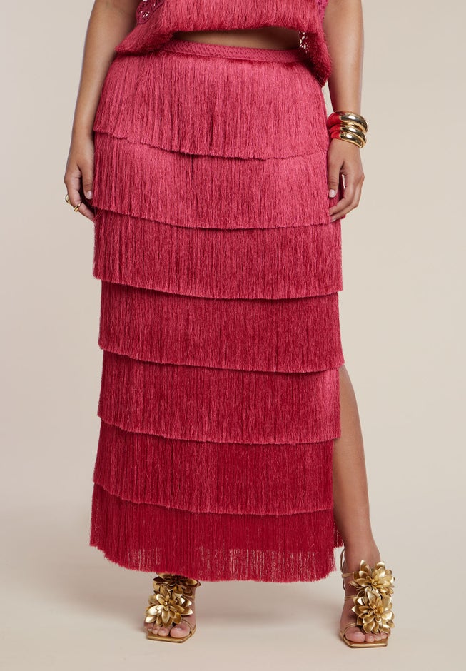 PatBO x ELOQUII Fringe Column Maxi Skirt image number 1