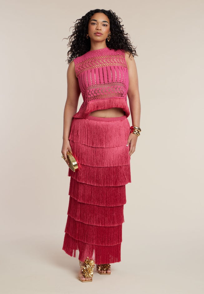 PatBO x ELOQUII Fringe Column Maxi Skirt image number 3