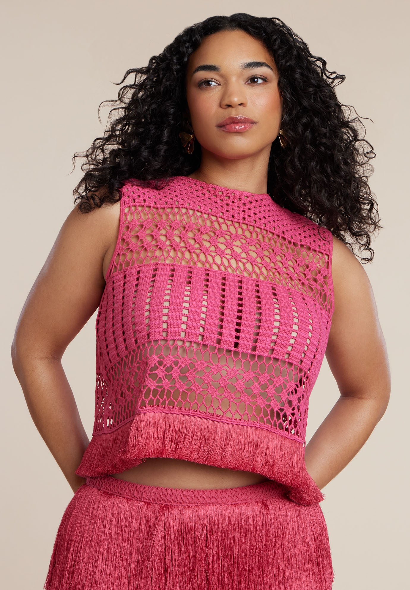 PatBO x ELOQUII Fringe Detail Crochet Top image number 1