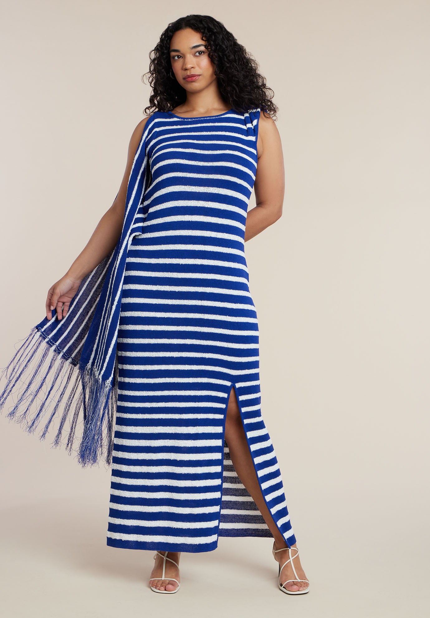 Fringe Detail Striped Knit Maxi Dress image number 0