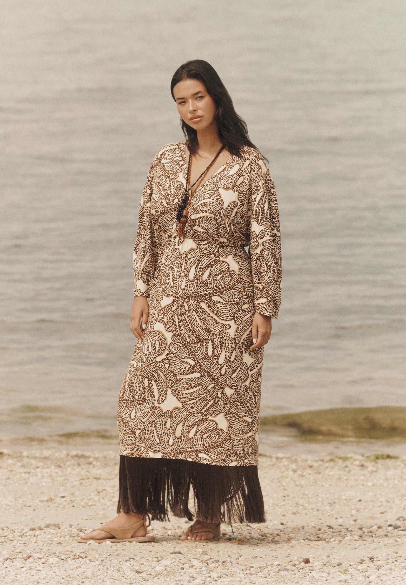 Fringe-Trim Surplice Maxi Dress image number 0