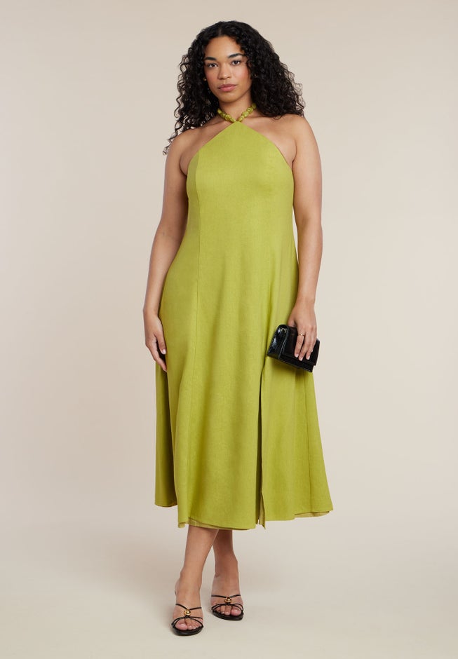 Bead Detail Linen Halter Midi Dress image number 1