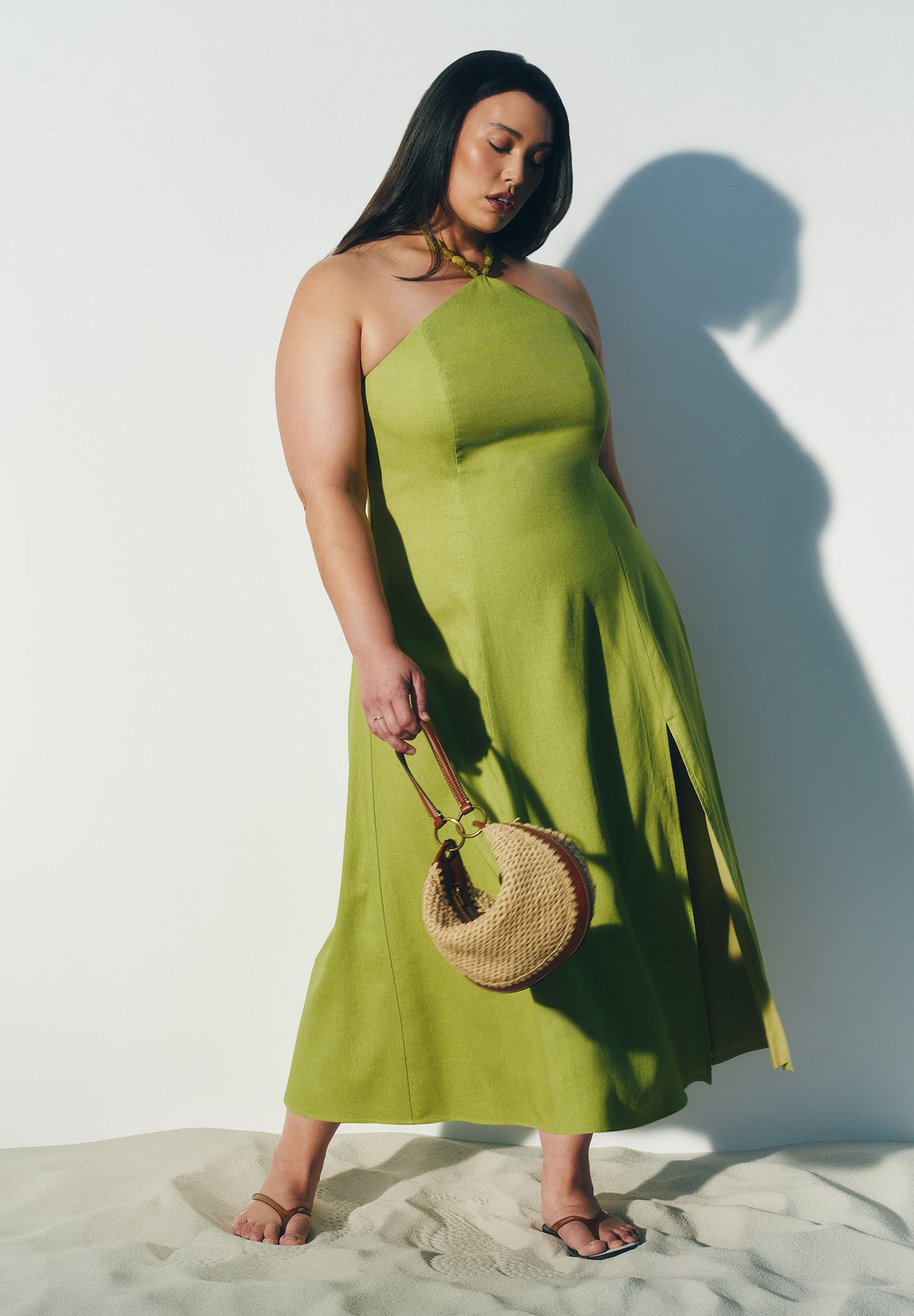 Bead Detail Linen Halter Midi Dress image number 0