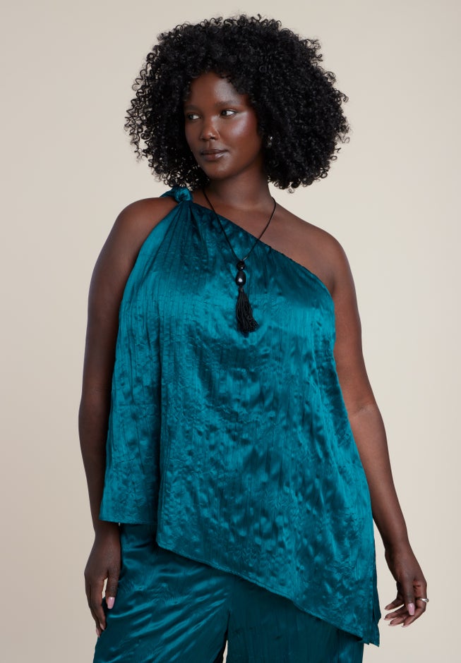 Knotted Asymmetric Crinkle Satin Top image number 1