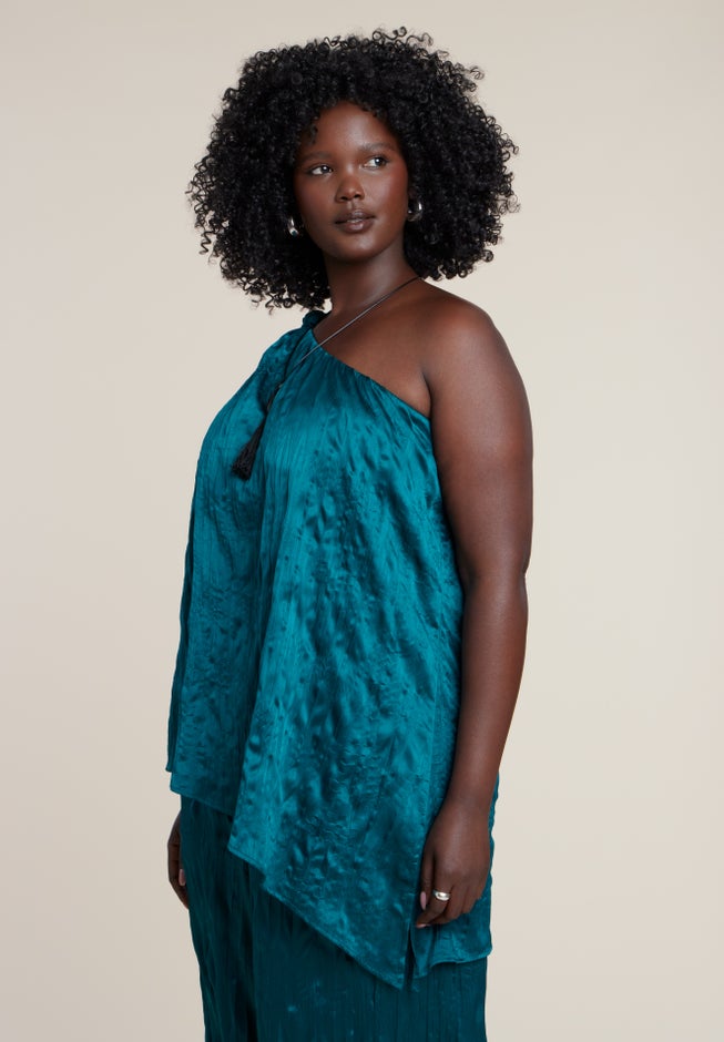 Knotted Asymmetric Crinkle Satin Top image number 2