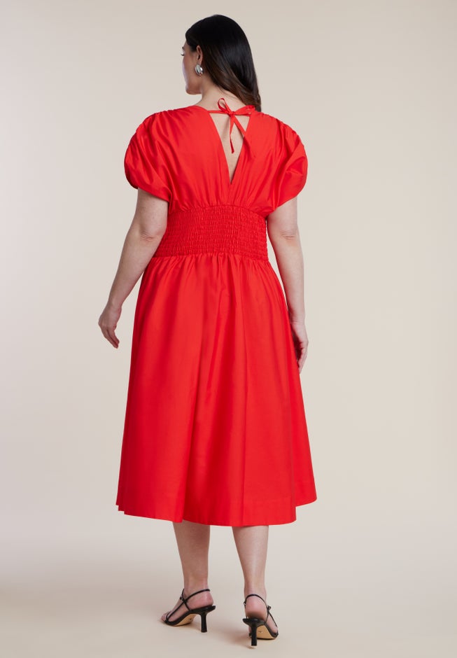 V Neck Flared Poplin Midi Dress image number 1