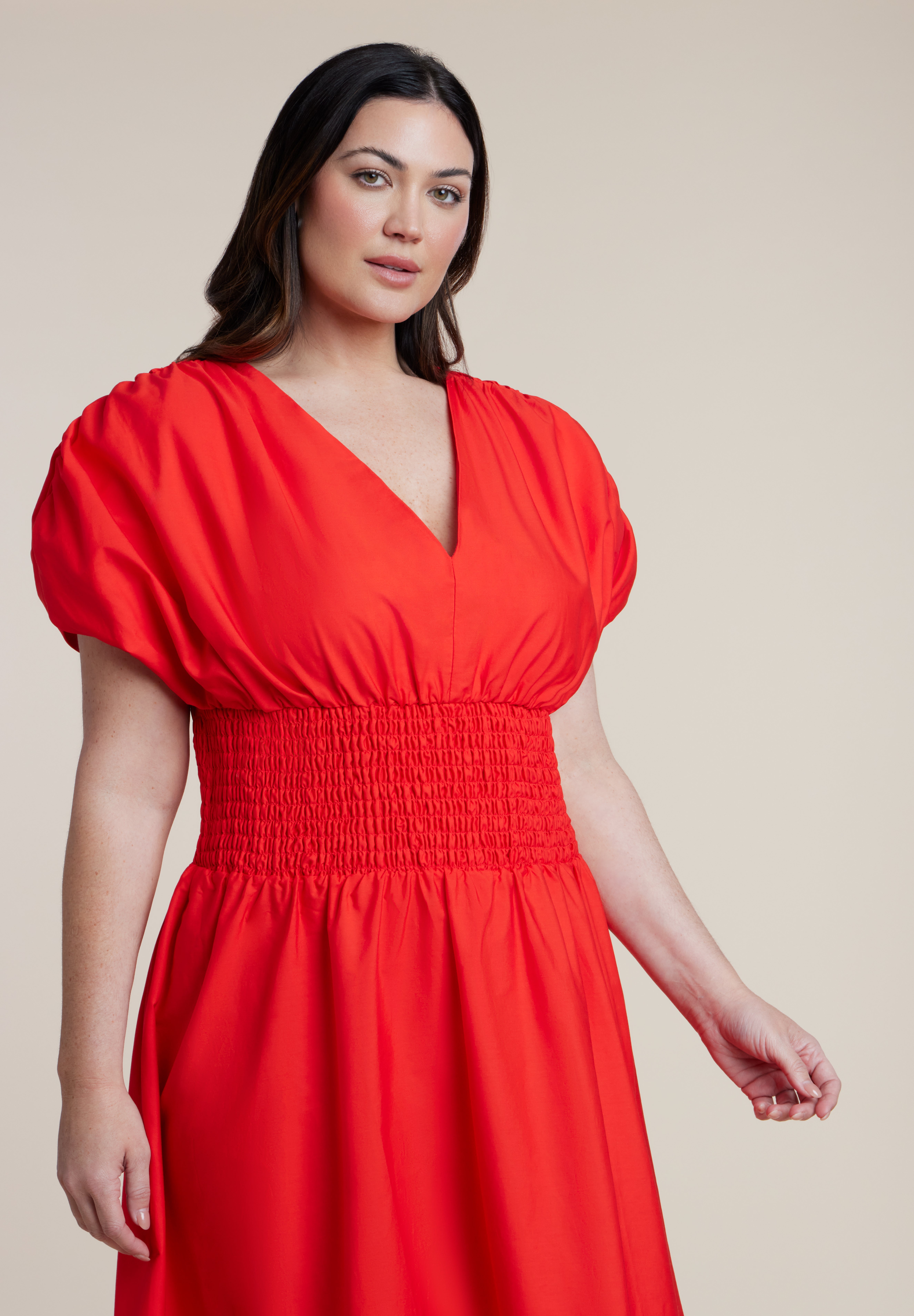 V Neck Flared Poplin Midi Dress image number 2