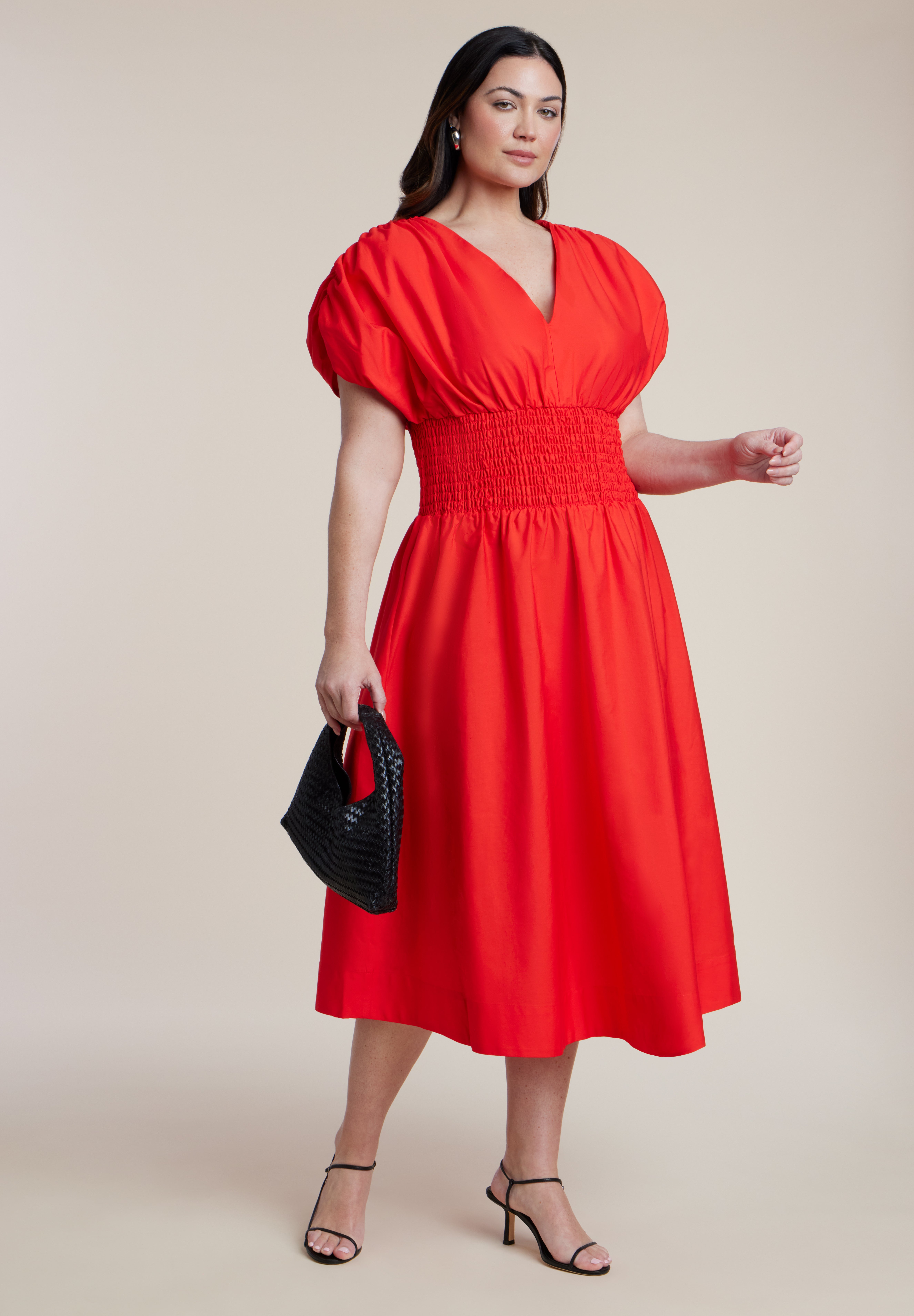 V Neck Flared Poplin Midi Dress image number 0