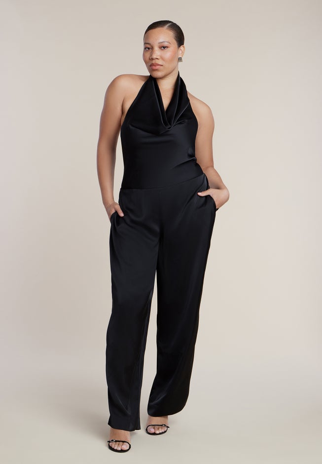 Halter Cowl Neck Satin Jumpsuit image number 1