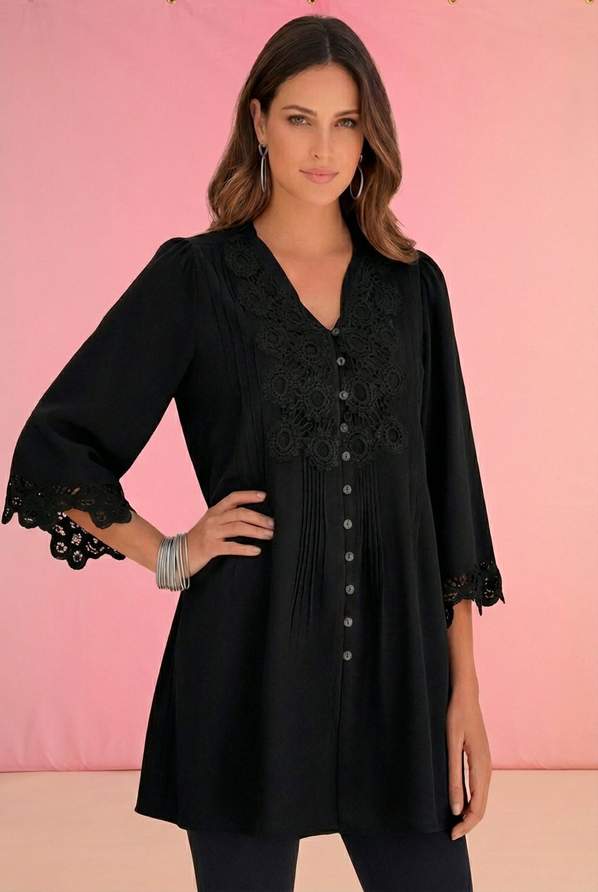 Plus Size Juliet Lace Trim Button-Down Shirt image number 0