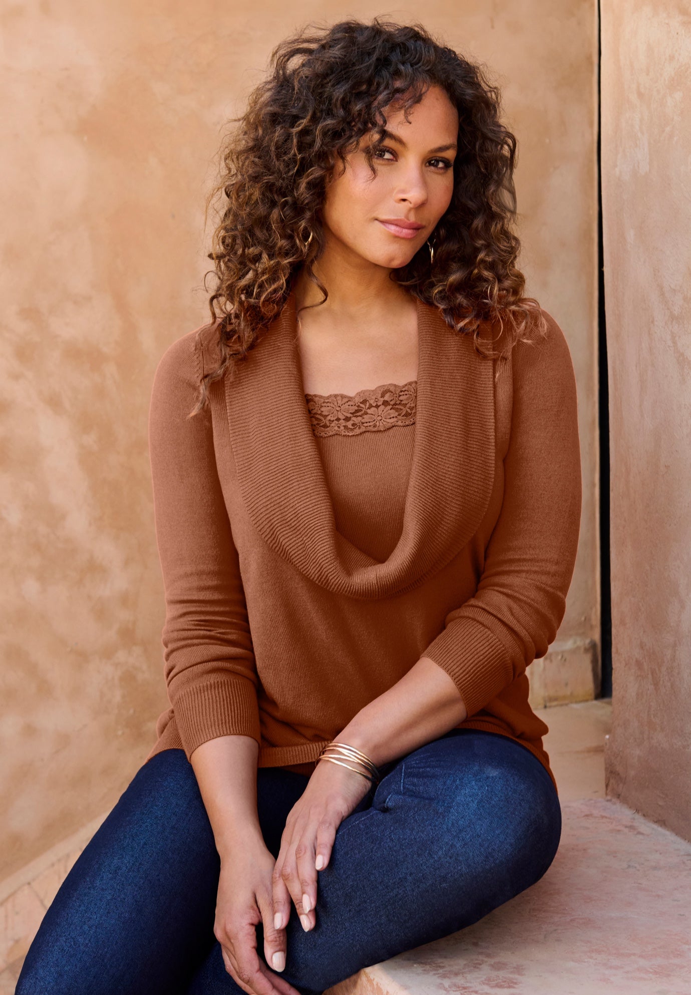 Plus Size Lightweight Cowl Neck Sweater with Lace Trim image number 0