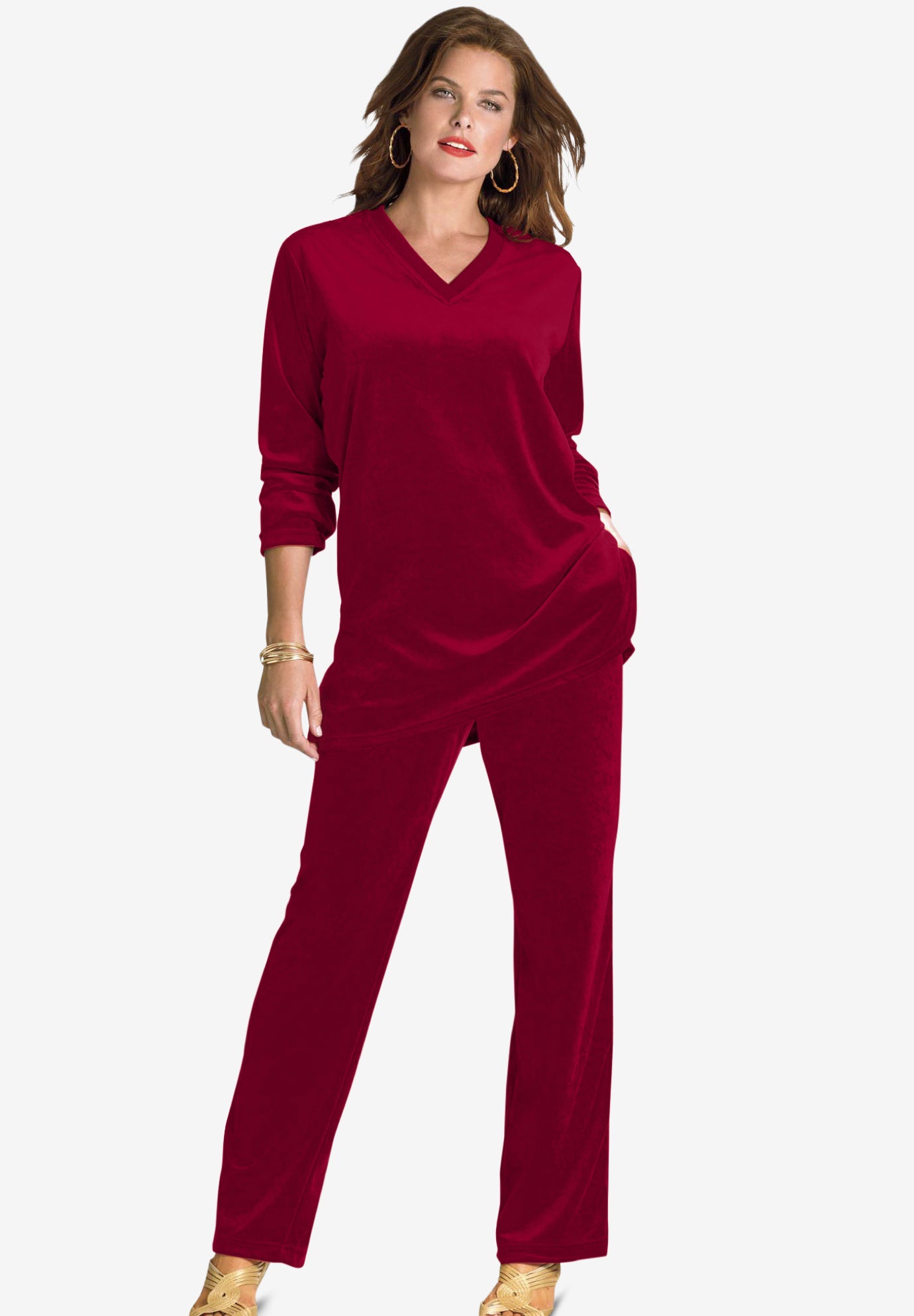 Plus Size Two-Piece V-Neck Velour Set image number 1