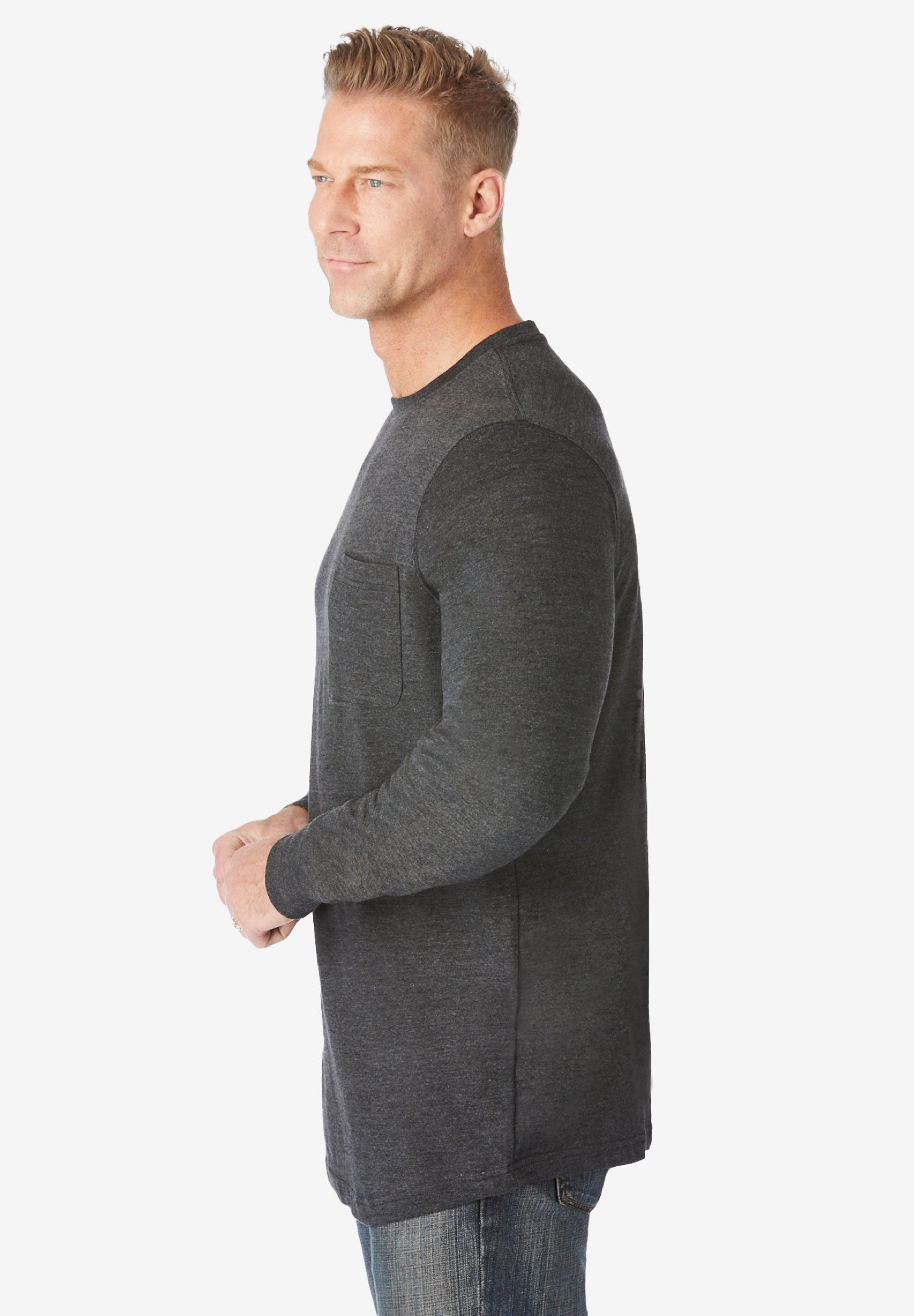 Shrink-Less™ Lightweight Long-Sleeve Crewneck Pocket T-Shirt image number 2