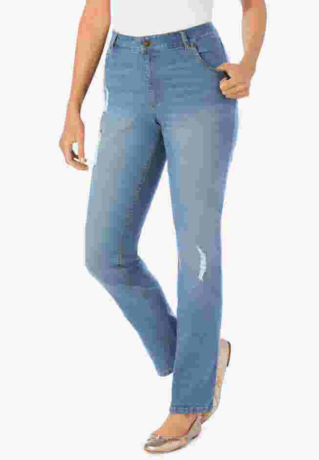 Womens Plus-Size Straight-Leg Stretch Denim Five-Pocket Jeans image number 0